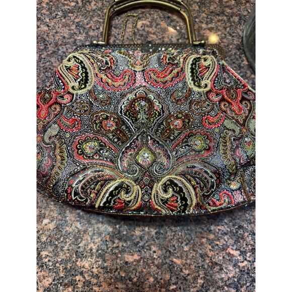 Vintage Style Beaded Bag w Metal Frame Top Handles and Chain - Picture 5 of 11
